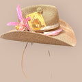 The Pink Rabbit – Blush Boho Western Straw Hat with Feather &amp; Vintage Card Detail