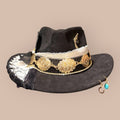 The High Stakes – Black Western Statement Hat with Gold Concho &amp; Playing Card Detail