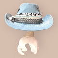 The Blue Belle – Light Denim Western Hat with Cow Print &amp; Feather Detail