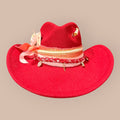 The Crimson Heart – Red Western Hat with Pearl &amp; Floral Detail